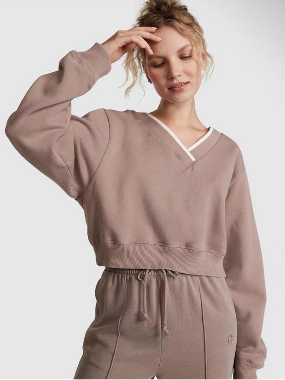 PINK Victoria's Secret Dusky Mauve V-Neck Cropped Sweater